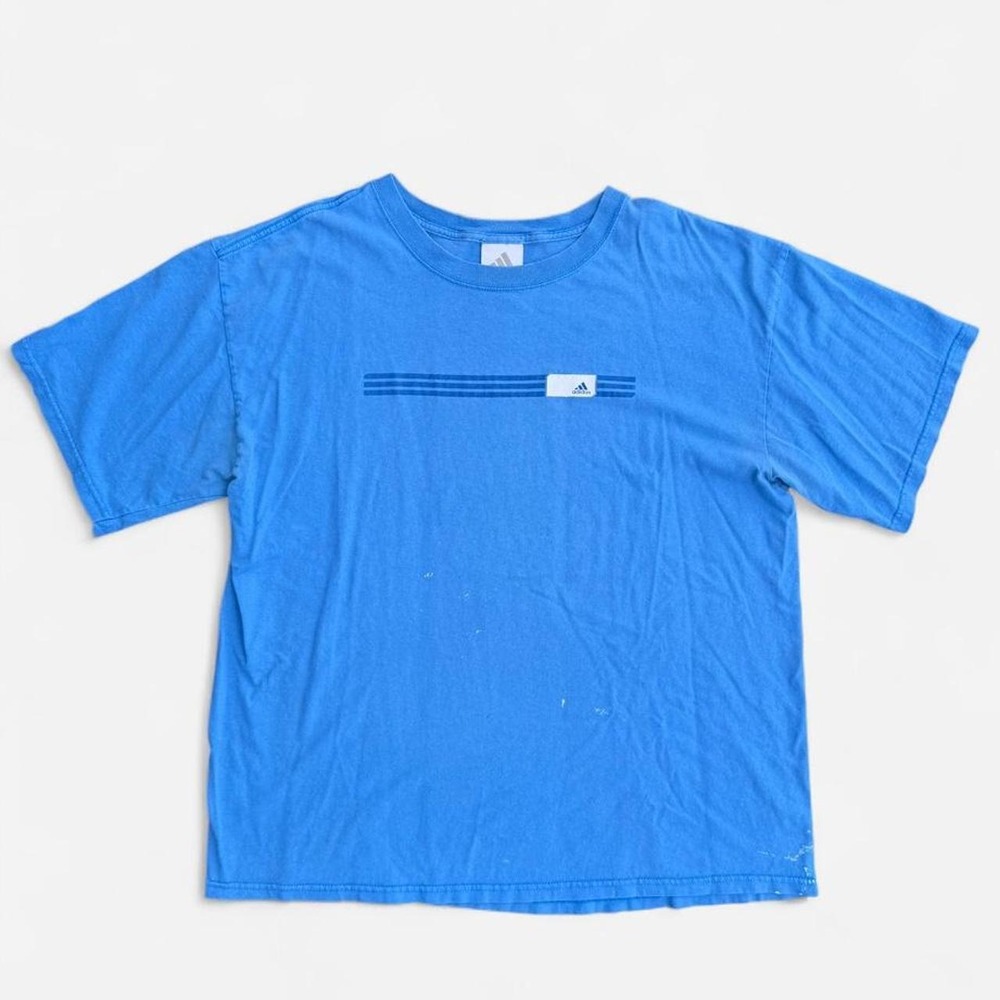 Vintage Adidas Blue T-Shirt Distressed Paint Splatter 90s Y2K Skater Tee Mens